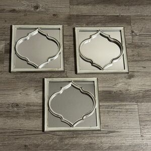 Set of 3 Square Framed Wood Accent Mirrors, Geometric Design, White Silver